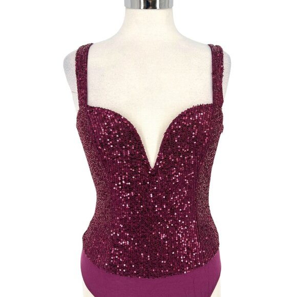 Lulus Sequin Bodysuit Plum Purple Plunging Neckline Size Medium NWT - Picture 1 of 10
